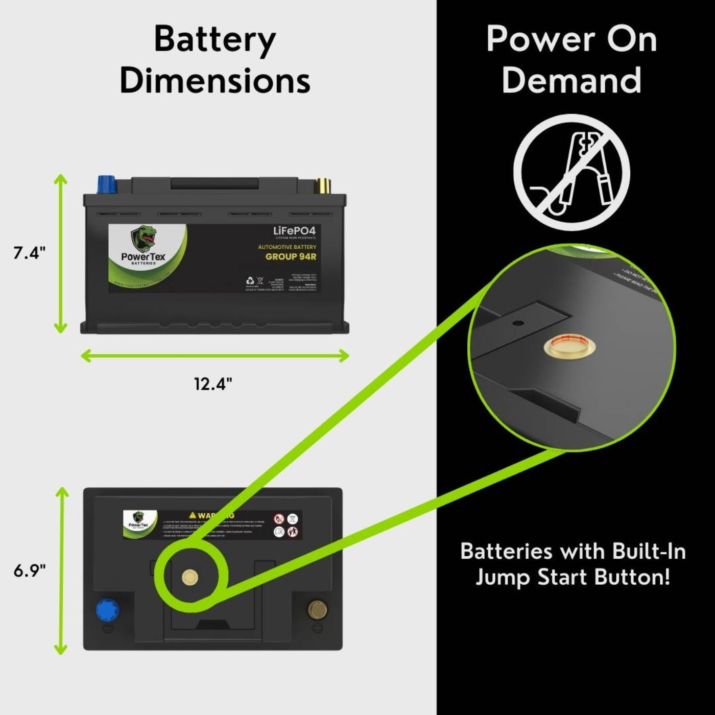 PowerTex 2022 GMC Sierra 2500 HD Car Battery BCI Group 94R / H7 Lithium LiFePO4 Automotive Battery - PTLG94R-831