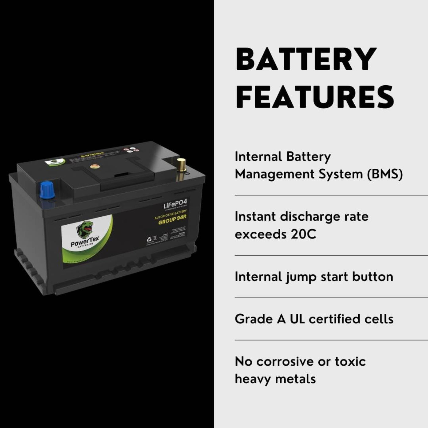 PowerTex 2010 Audi A5 Car Battery BCI Group 94R / H7 Lithium LiFePO4 Automotive Battery - PTLG94R-231