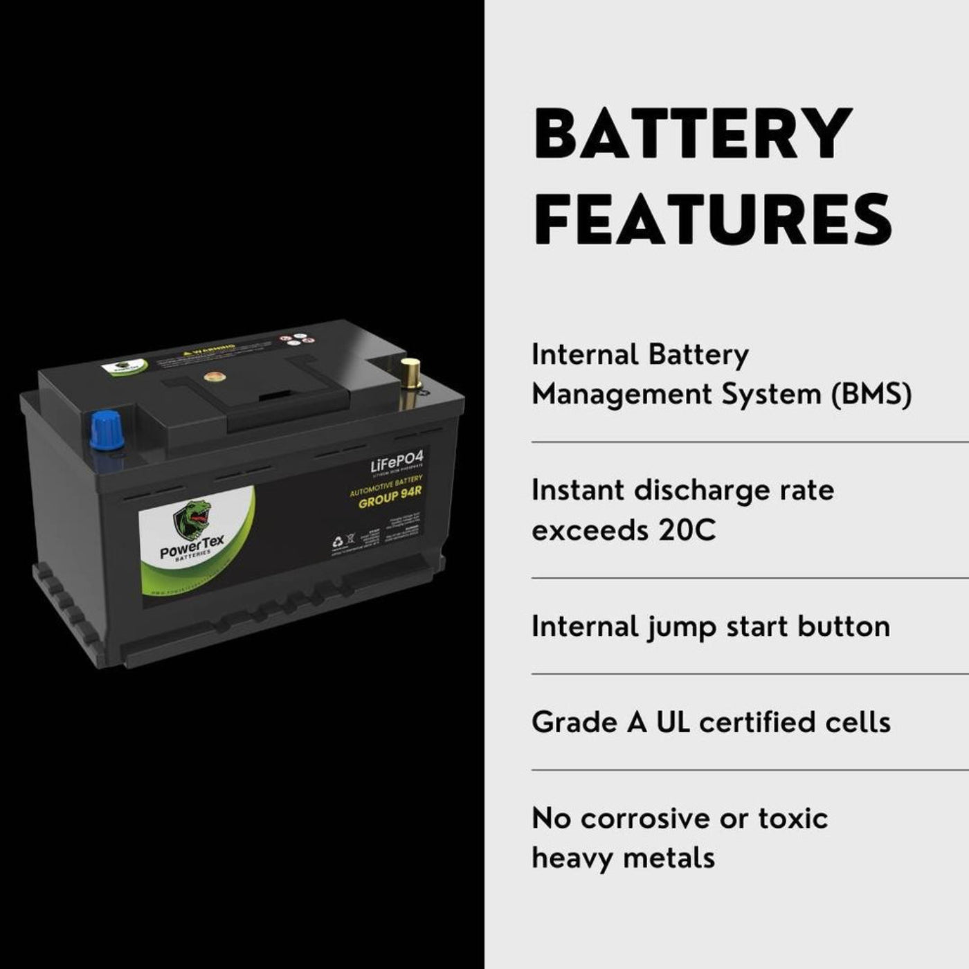 PowerTex 2024 Audi S5 V6 3.0L Replacement Car Battery BCI Group 94R Lithium LiFePO4 Aut - PTLG94R-068omotive Powertex Battery
