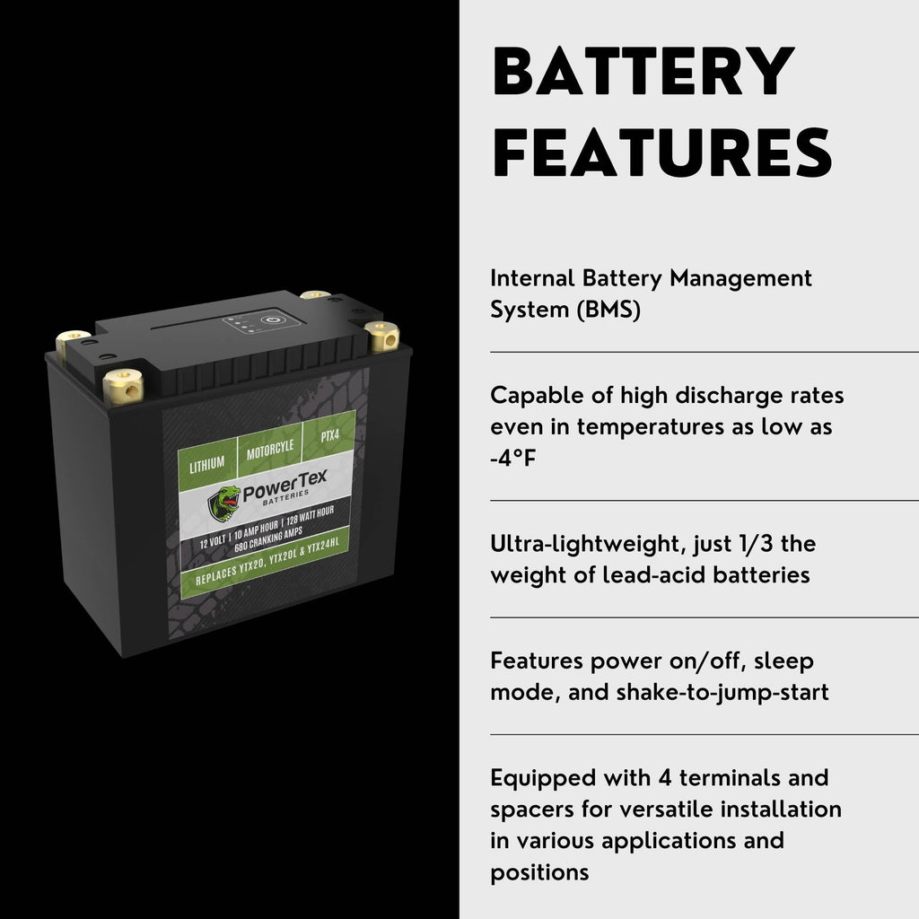 PowerTex Batteries YTX20H-BS LiFePO4 Lithium Iron Phosphate Motorcycle Battery