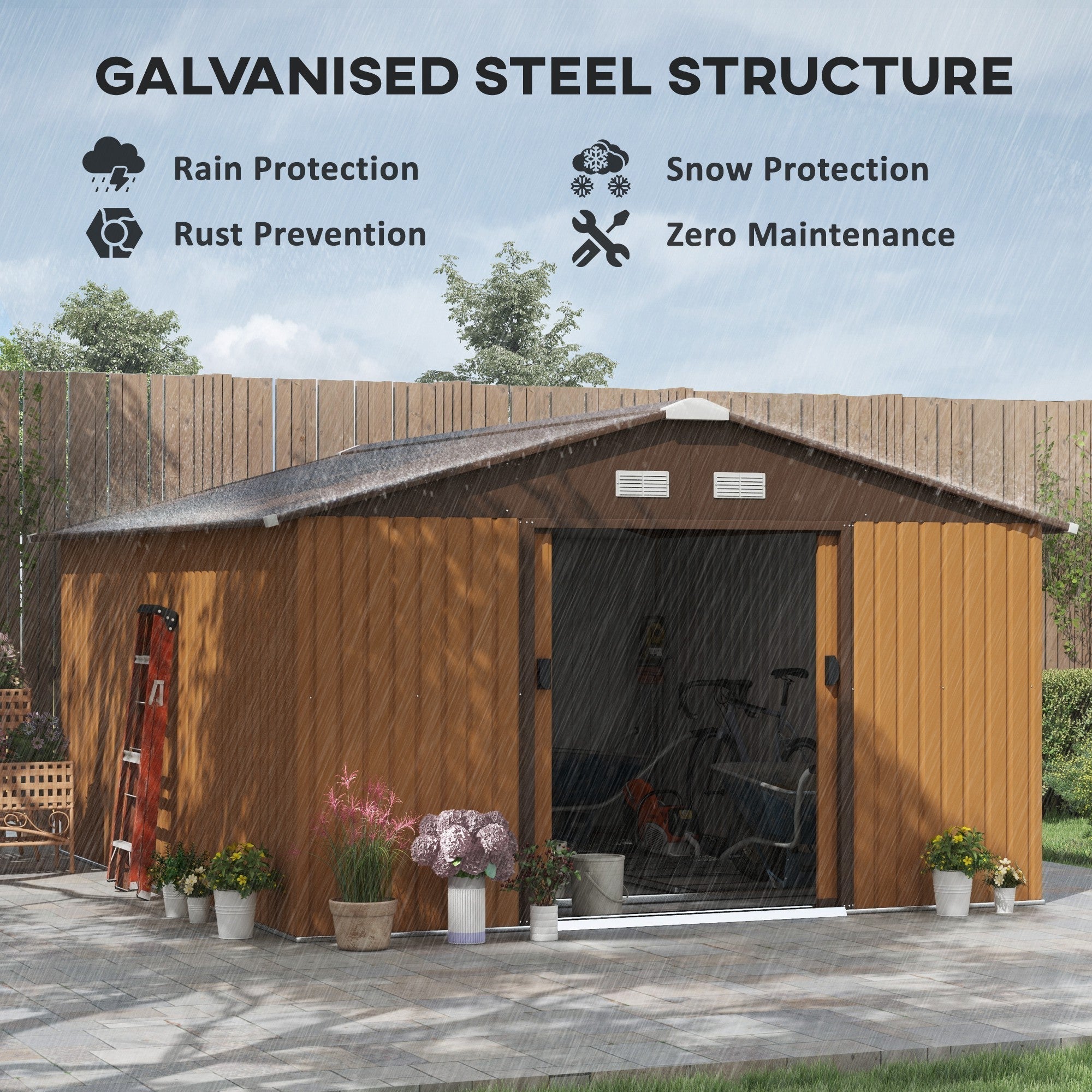 Outsunny EverBase 11' x 13' Outdoor Storage Shed with Double Lockable Door & Air Vents, Yellow - 845-031V01YL