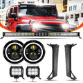 Auxbeam 7" LED Halo Headlights + 5D-PRO 52" Straight LED Light Bar + Windshield Mounting Brackets + 18W Flood Beam Pod Lights Set for Jeep Wrangler TJ - GP00007758