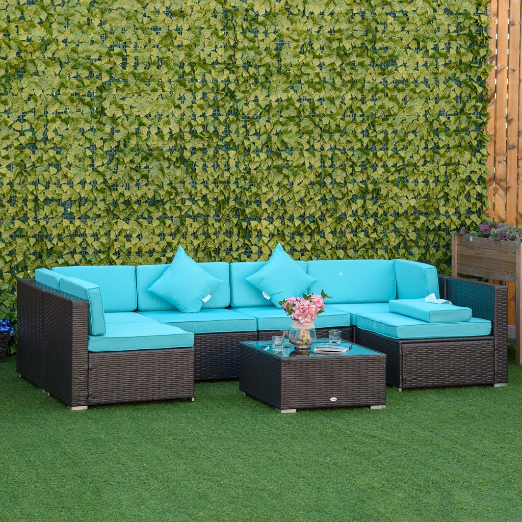 Outsunny 7-Piece All-Weather PE Rattan Sectional Sofa with Glass Coffee Table & Cushions, Turquoise - 860-020CF