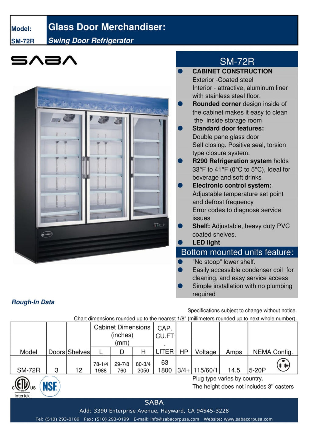 SABA  Three Glass Door Commercial Merchandiser Cooler - SM-72R