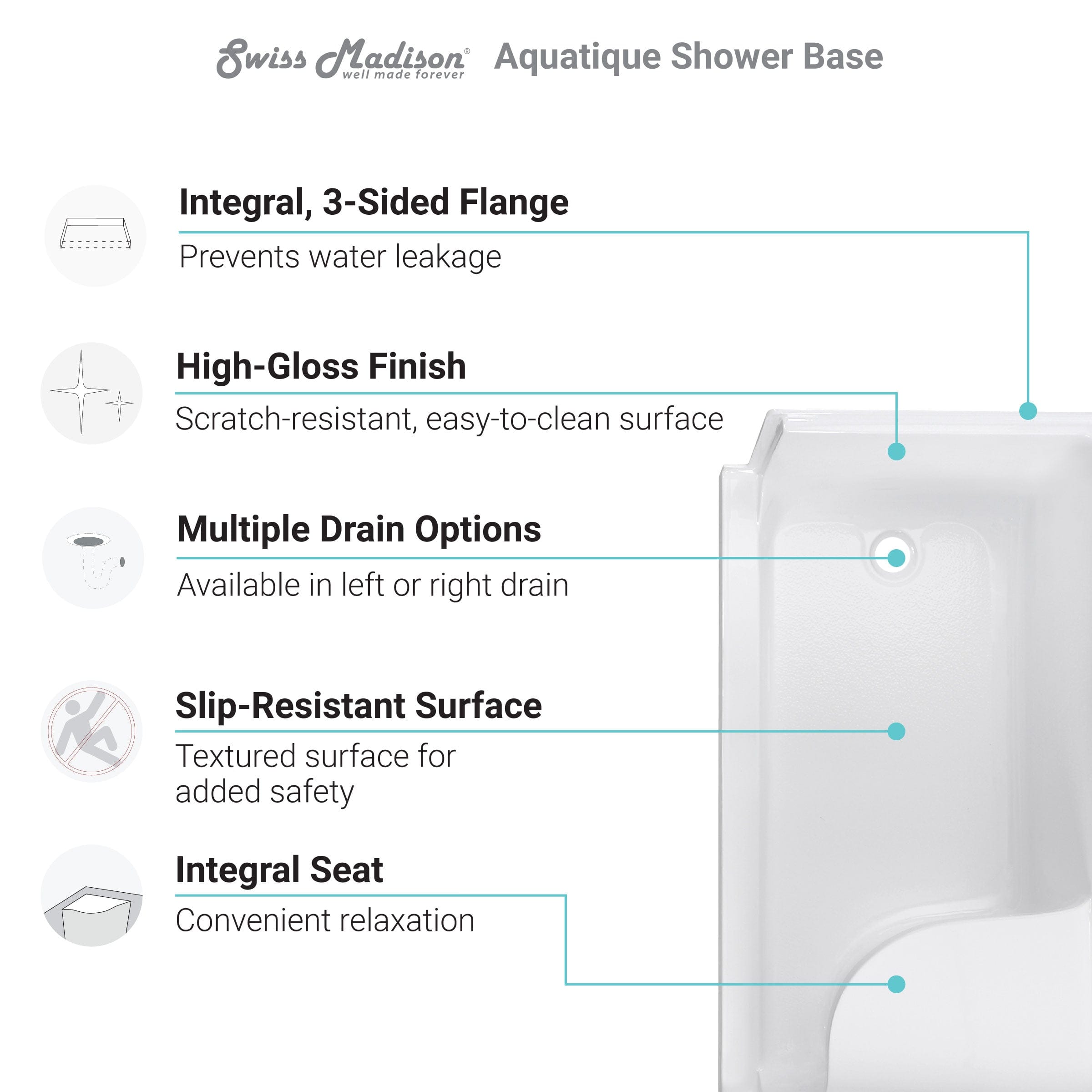 Swiss Madison Aquatique 60" x 32" Right Drain, Shower Base - SM-SB538W - Backyard Provider