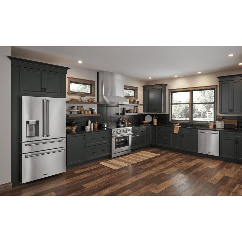 Thor Kitchen Appliance Package - 36 in. Electric Range, Range Hood, Microwave Drawer, Refrigerator with Water and Ice Dispenser, Dishwasher, AP-HRE3601-13