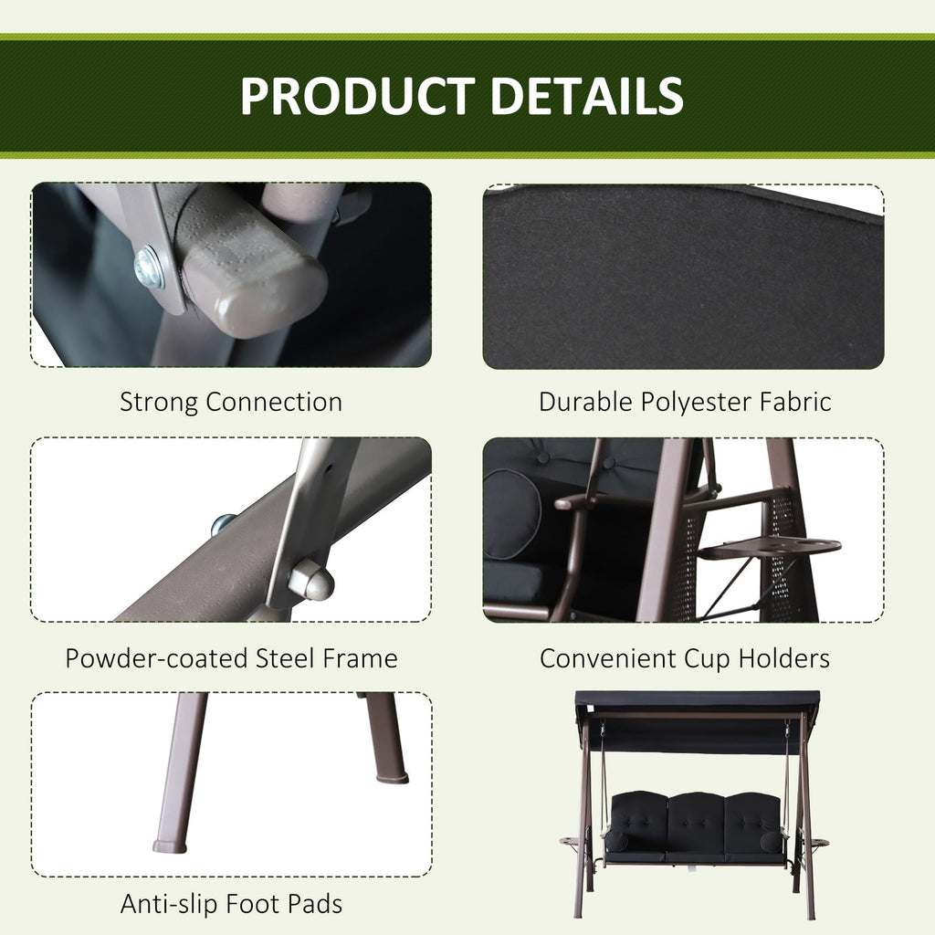 Outsunny 3-Seat Patio Swing Chair with Adjustable Canopy, Removable Cushion, Pillows & Trays, Black - 84A-068BK