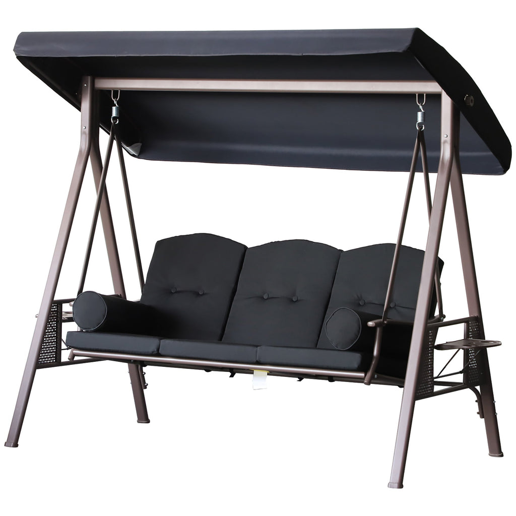 Outsunny 3-Seat Patio Swing Chair with Adjustable Canopy, Removable Cushion, Pillows & Trays, Black - 84A-068BK