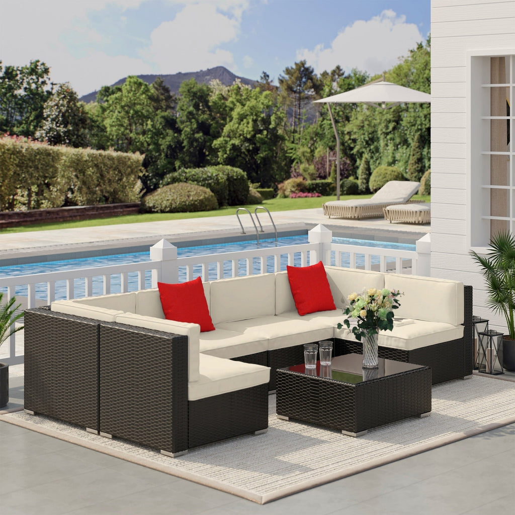 Outsunny 7-Piece PE Wicker Outdoor Sectional Set with Cushions & Glass Coffee Table, Beige - 860-020