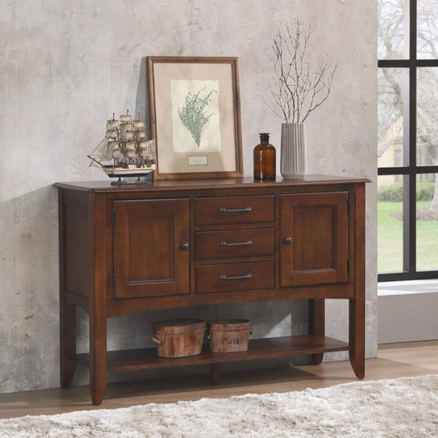 Sunset Trading Andrews Sideboard with Large Display Shelf | 3 Drawers 2 Storage Cabinets | Chestnut Brown  - DLU-ADW1122-SB-CT