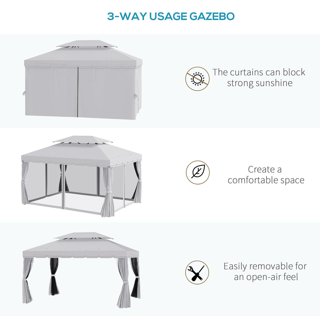 Outsunny 10' x 13' Patio Gazebo with Aluminum Frame, Double Roof, Netting & Light Gray Curtains - 84C-101