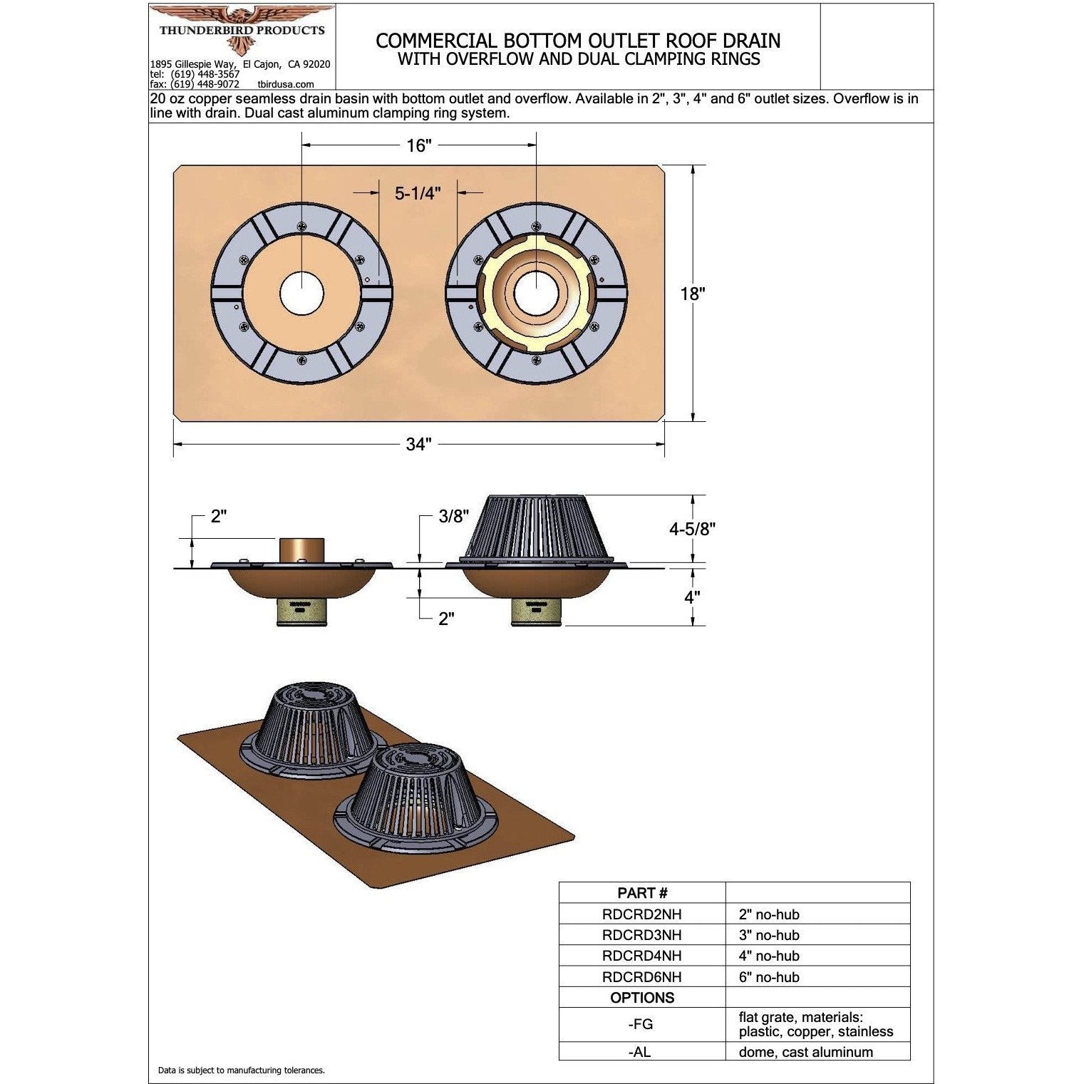 Copperlab Commercial Bottom Outlet Roof Drain with Overflow -  RDCRD2NH
