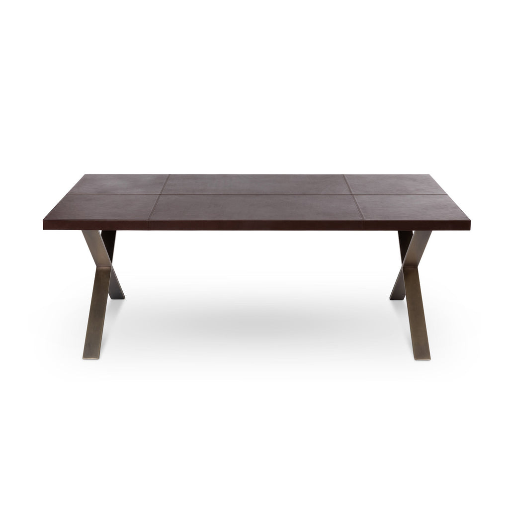 Park Hill Collection Rhodes Handcrafted Leather & Brass Dining Table – Artisan Iron Design, Rustic Elegance for Your Home - EFT26321