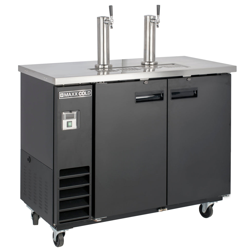 Maxx Cold Dual Tower Beer Dispenser, 47.5"W, 10.5 cu. ft., 2 Barrels/Kegs (297L) Storage Capacity, in Black with Stainless Steel Top - MXBD48-2BHC