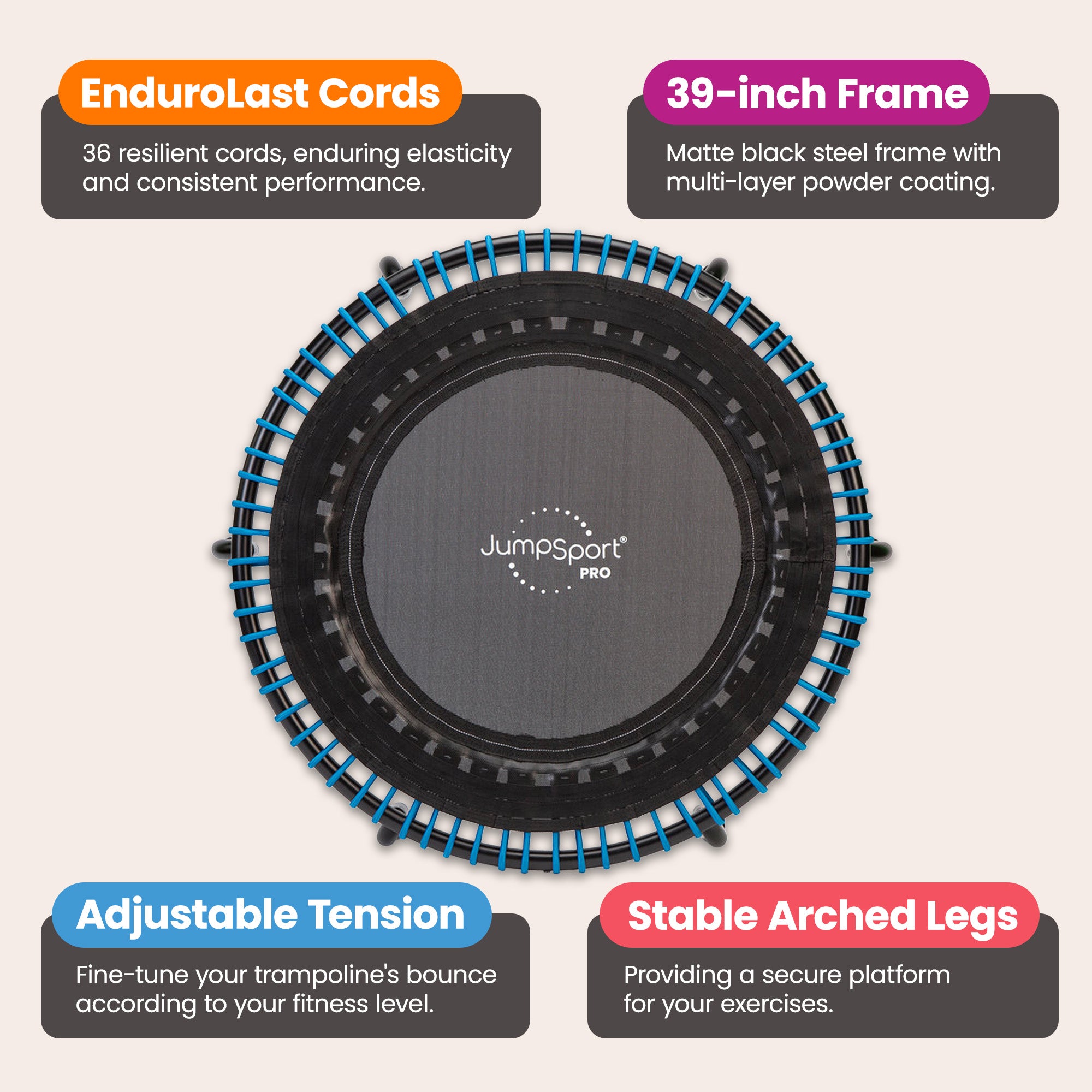 Disc-O-Bed JumpSport 350 PRO 39 Inch Fitness Trampoline with Blue EnduroLast Elastic Cords - 348950