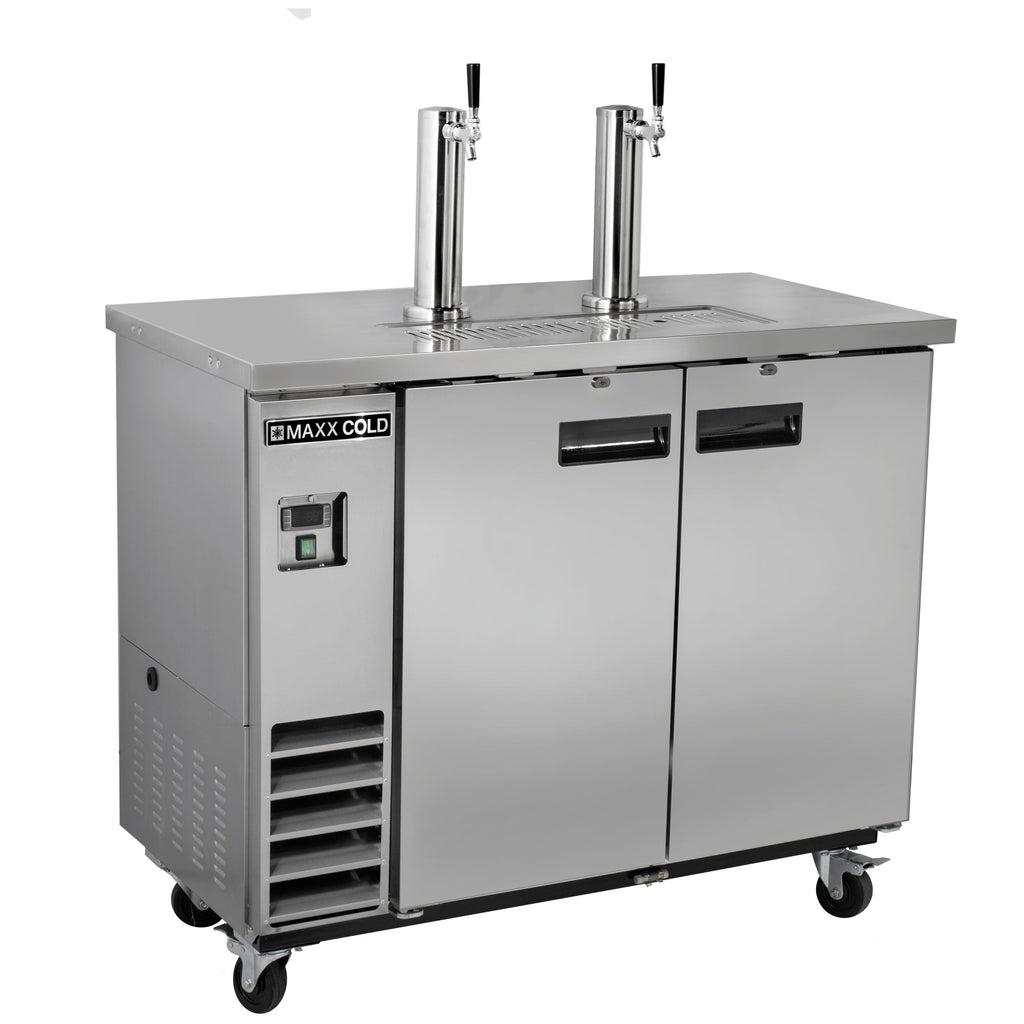 Maxx Cold Dual Tower Beer Dispenser, 47.5"W, 10.5 cu. ft., 2 Barrels/Kegs (297L) Storage Capacity, in Stainless Steel - MXBD48-2SHC