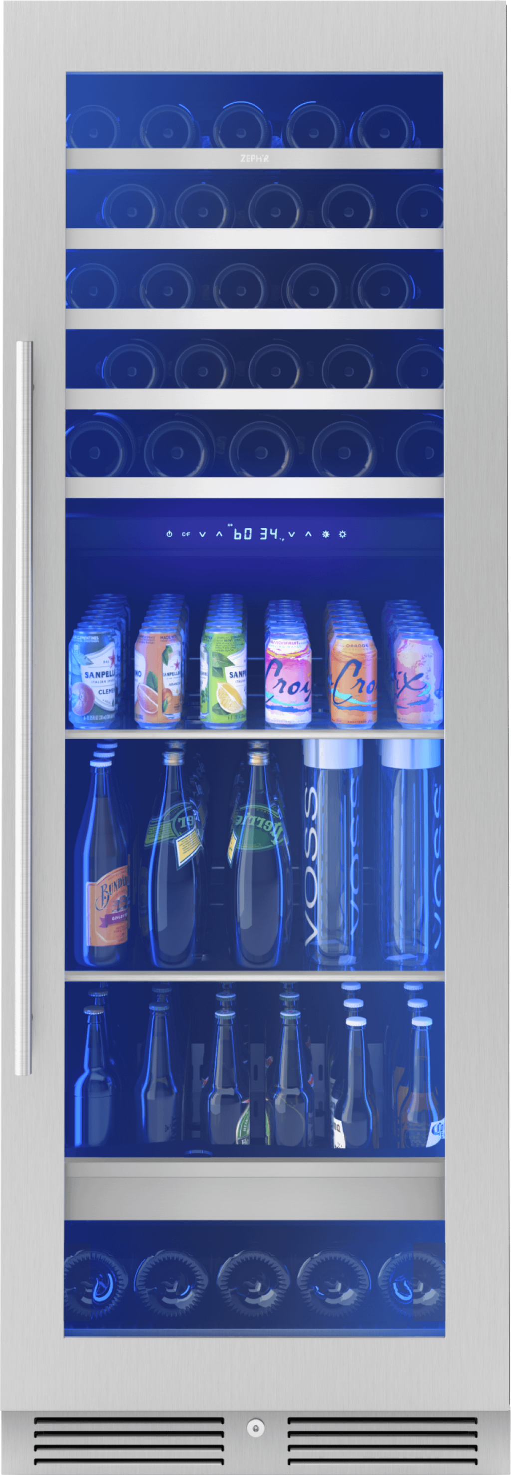 ZEPHYR Presrv Wine and Beverage Cooler, 24in, Full Size, SS+Glass, Reversible Door, 2 Zones in Stainless Steel - PRWB24F02BG