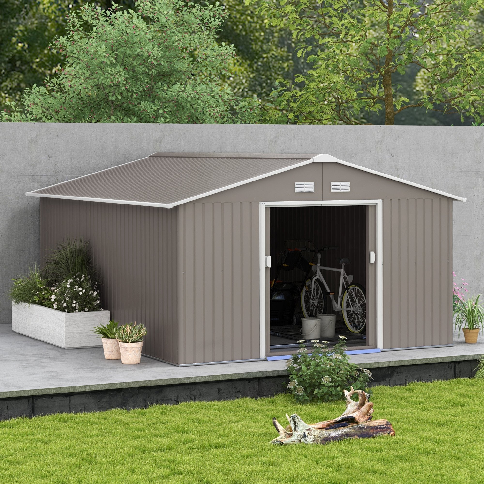 Outsunny EverBase 11' x 13' Outdoor Storage Shed with Double Lockable Door & Air Vents, Light Gray - 845-031V01LG