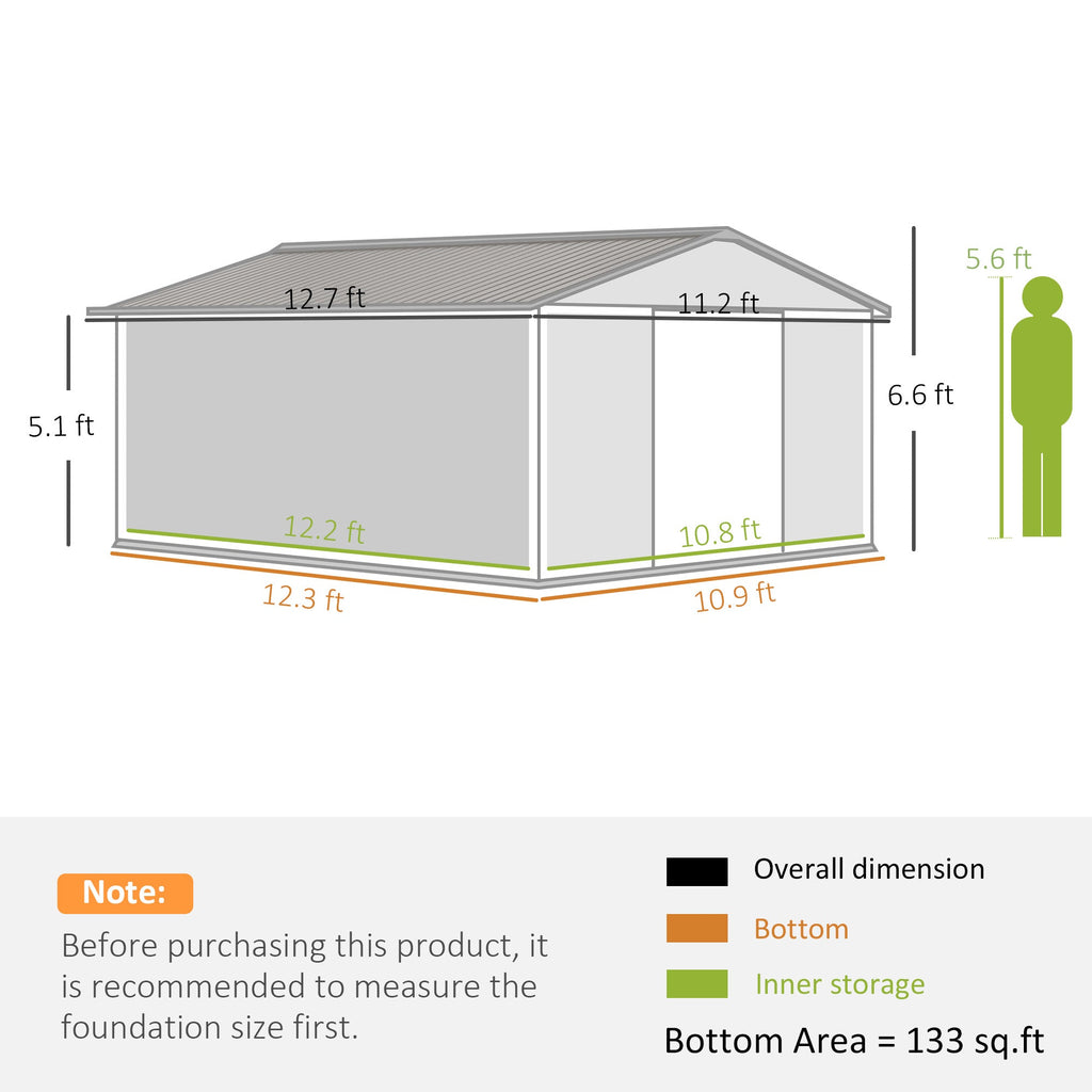 Outsunny EverBase 11' x 13' Outdoor Storage Shed with Double Lockable Door & Air Vents, Light Gray - 845-031V01LG