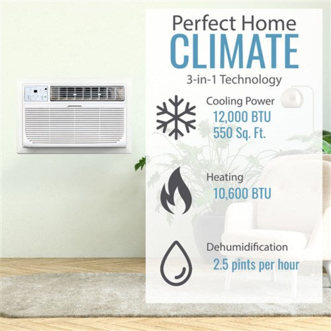 Keystone - 12, 000 BTU Through the Wall Heat/Cool, R32  -  KSTAT12-2HD