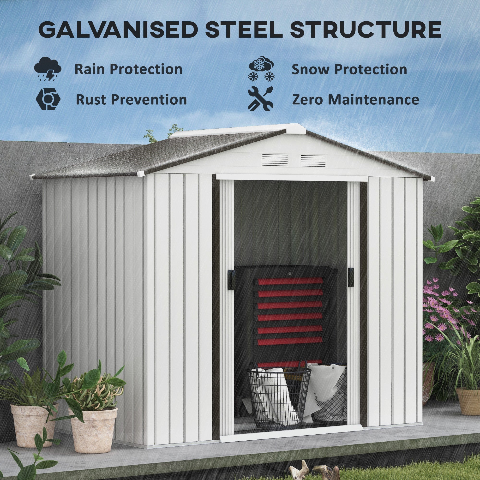 Outsunny EverBase 7' x 4' Outdoor Storage Shed with Foundation Kit, Double Lockable Door & Air Vents, White - 845-030WT