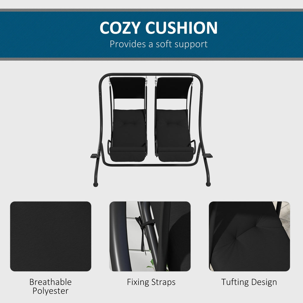 Outsunny 2-Person Outdoor Porch Swing with Solid Steel Frame & Cup Holders for Backyard, Garden, Black - 84A-052V03BK