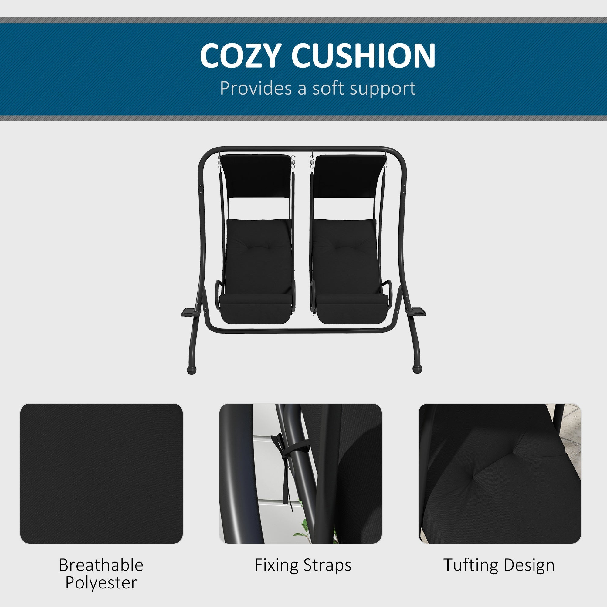 Outsunny 2-Person Outdoor Porch Swing with Solid Steel Frame & Cup Holders for Backyard, Garden, Black - 84A-052V03BK