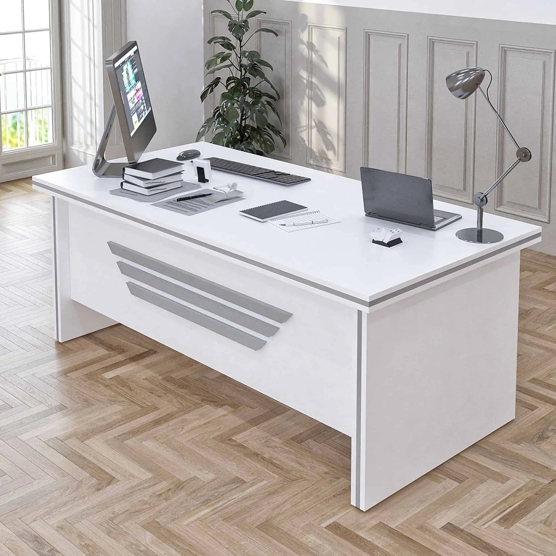 Casa Mare NEWSTAR 71″ Modern Home & Office Furniture Desk White & Metallic Gray - NEWSTAR-71W-S