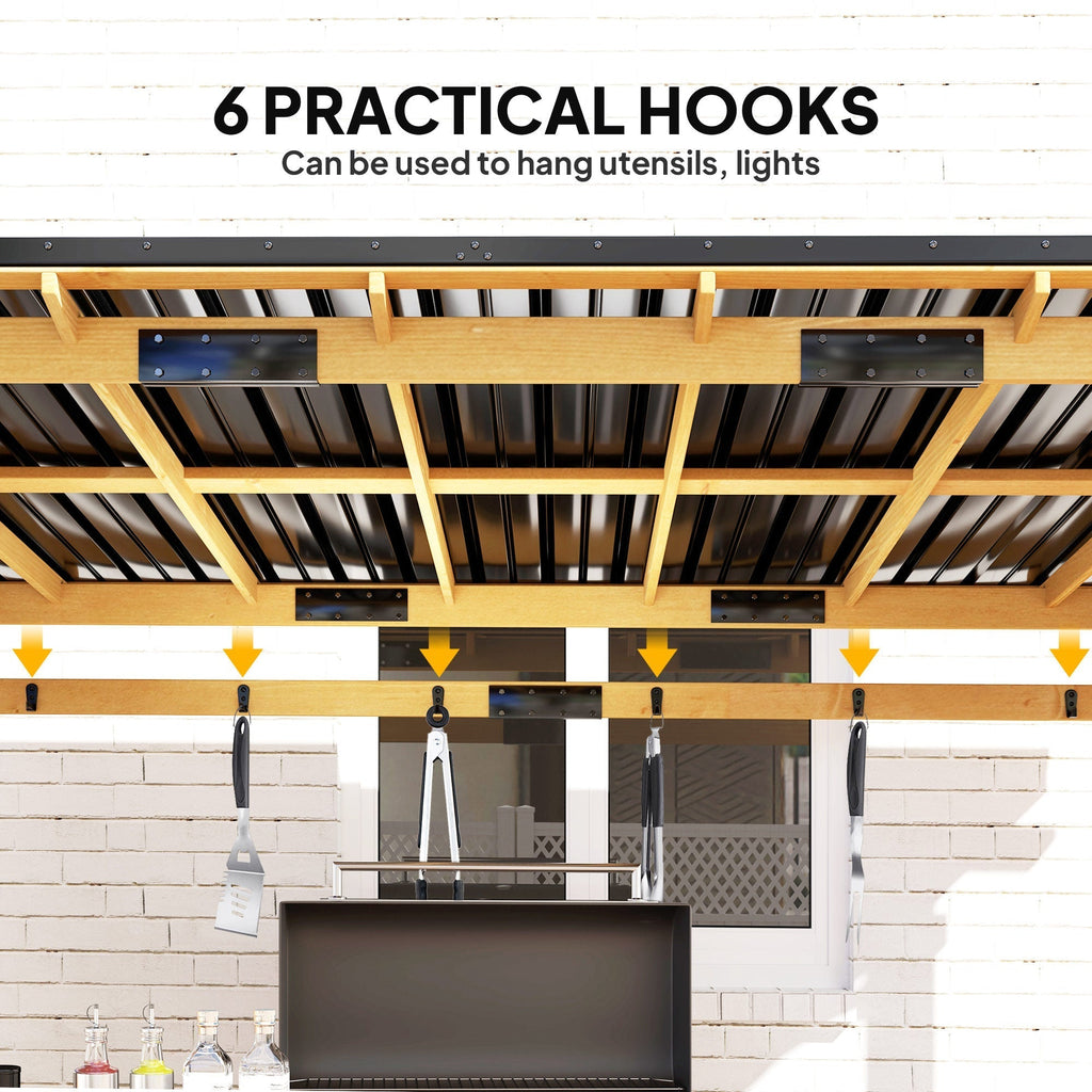 Outsunny 13' x 6' Wooden BBQ Grill Gazebo with Metal Roof 2 Bar Shelves and 6 Hooks, Natural - 84C-650V00ND