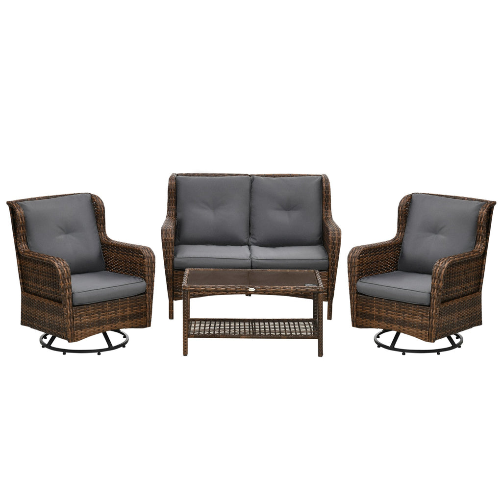 Outsunny 4 Piece PE Rattan Patio Furniture Set with 2 Swivel Rockers, 2-Tier Glass Table &amp; Loveseat, Gray - 860-257V00MB