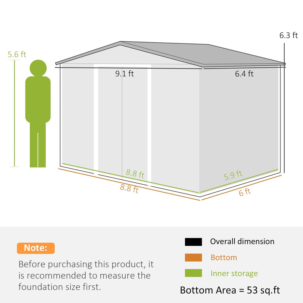 Outsunny EverBase 9' x 6' Outdoor Storage Shed with Foundation Kit, Double Lockable Door & Air Vents, Green - 845-031YG