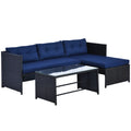 Outsunny 3 Piece Outdoor L-Shaped Rattan Patio Furniture Set with Sofa, Table and Cushions, Blue - 841-121BU