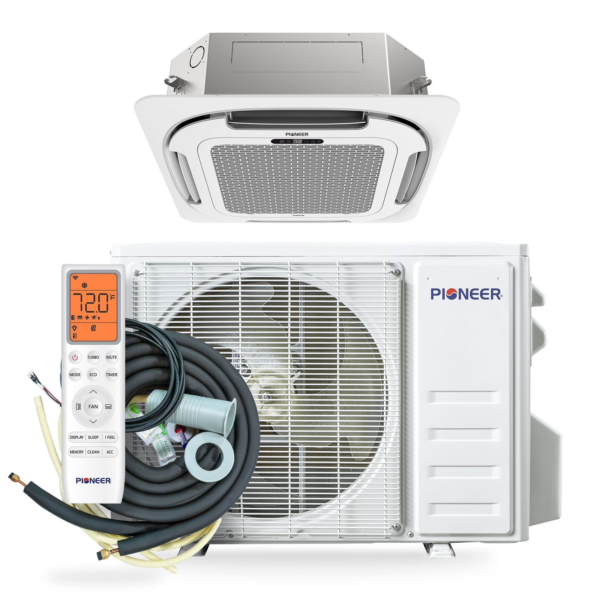 Pioneer Quantum Ultra 9,500 BTU 23 SEER2 230V 8-Way Ceiling Cassette Ductless Mini-Split Air Conditioner Inverter Heat Pump Full Set - CYT009GLSI24RL-10S