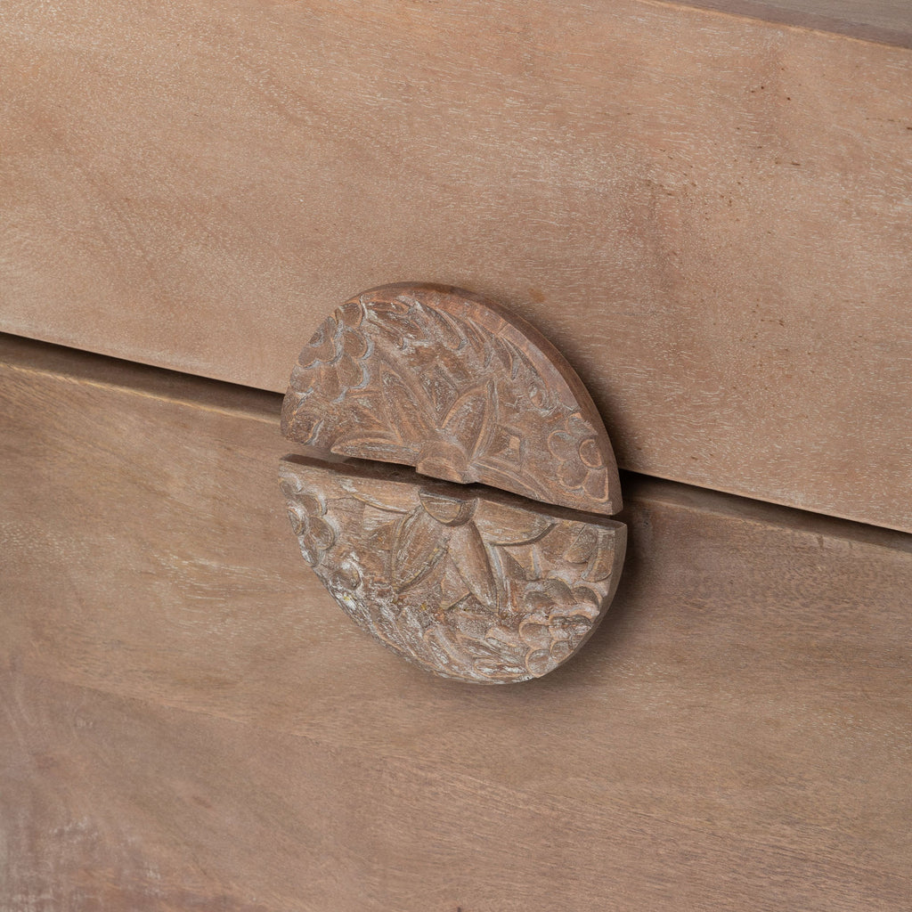 Park Hill Collection Rosette Hand-Carved Mango Wood Side Table with Drawer & Elegant Medallion Design - Natural Finish - EFT26193