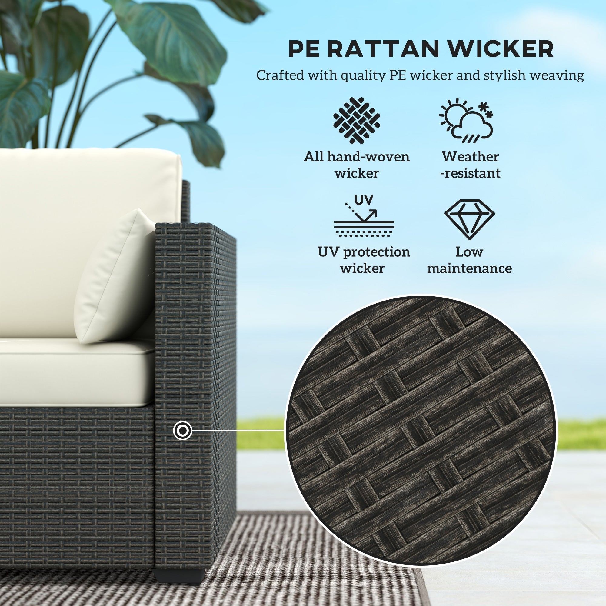 Outsunny 3-Seater PE Wicker Deep Seating Outdoor Sofa with Removable Cushions Cream White - 860-308V00CW